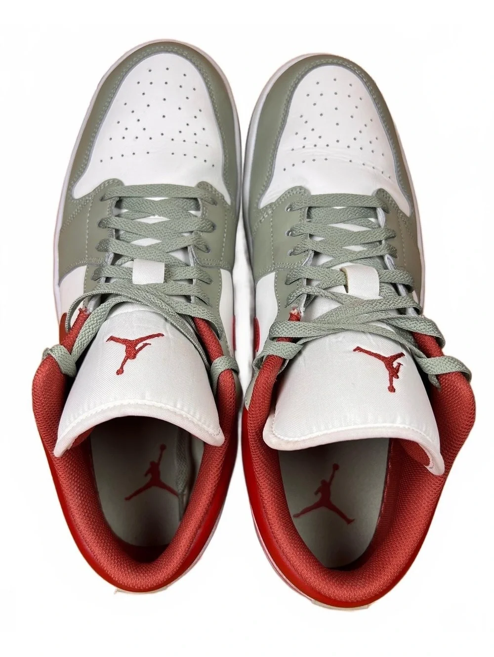 Jordan Low Top Sneakers in White, Rust Red, and Sage Green - Men's Size 13
